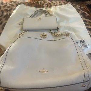 Coach white pebble leather shoulder bag with gold hardware bundle with wallet